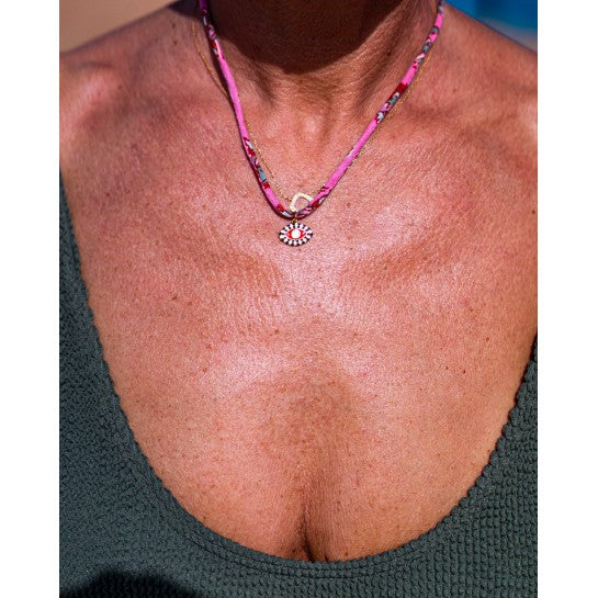 FLORAL ROSE AND RED EYE FABRIC NECKLACE